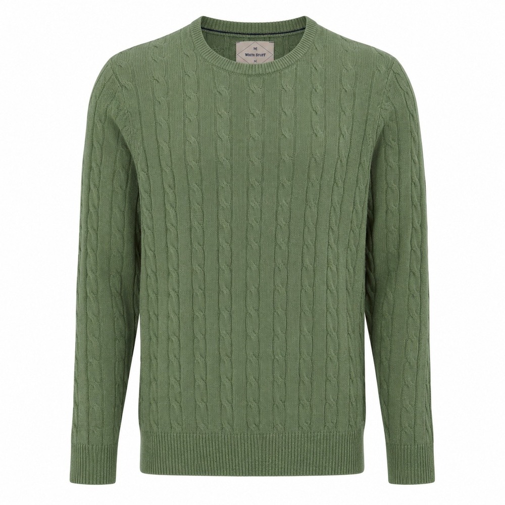 White Stuff Mens Cable Knit Sweater Sage Green Cotton Pullover Medium